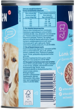 Tył niebieskiej puszki karmy Winston Gourmet dla psów z jagnięciną i kurczakiem, pies i tabela.