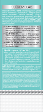 Tył turkusowego opakowania Bielenda SupremeLab Skin Tone SPF 50. Widoczne informacje o składnikach aktywnych.