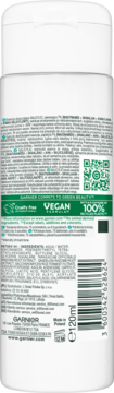 Tył białej butelki Garnier Pure Active Salicylic, esencji złuszczającej 120ml, z opisem i ikonami.