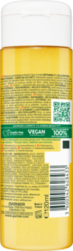 Tył żółtej butelki Garnier Vitamin C Esencja rozświetlająca. Widoczny skład, kod QR i kod kreskowy.