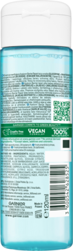 Tył butelki Garnier Hyaluron Barrier Repair esencji 120ml. Widoczne składniki, certyfikaty Vegan i 100% Recycled.