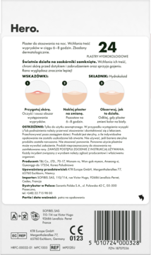 Tył białego opakowania Hero Mighty Patch, 24 hydrokoloidowe plastry na wypryski, z tekstem i kodem kreskowym.