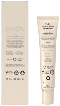 Tył tubki kremu Resibo Velvet Blur zmniejszającego pory, 97.8% składników naturalnych, 40 ml, widoczne szczegóły opakowania.