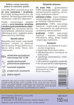 Tył beżowej butelki pianki Uzdrovisco Balance, 150 ml. Widoczne składy aktywne, działanie i barcode.