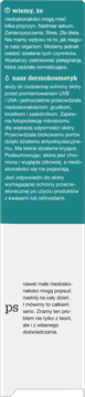 Opis produktu: tekst o przyczynach niedoskonałości, ochronie UV i działaniu dermokosmetyku, na zielono-białym tle.