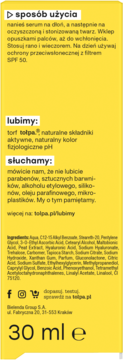 Tył żółtego opakowania serum do twarzy Tołpa 30 ml. Widoczne instrukcje użycia, składniki aktywne, lista składników.