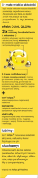 Żółty panel informacyjny kremu Tołpa Bionic Dual Glow SPF 50, z opisem działania witaminy C i kwasu maltobionowego.