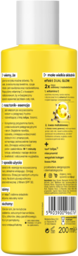 Tył żółtego toniku-esencji Tołpa Bionic Dual Glow z witaminą C. Etykieta z polskim opisem i kodem kreskowym.