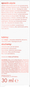 Tył białego opakowania biostymulującego serum Tołpa Ideal Age Next Retin 30 ml, ze składnikami i użyciem.
