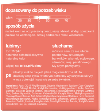 Tył opakowania kremu Tołpa Ideal Age, z instrukcją użycia, składnikami, tabelą wieku na różowym tle.