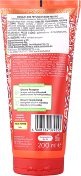 Tył opakowania żelu Isana Persian Feeling, 200ml, o orientalnym wzorze, z listą składników. Nawilża skórę olejem arganowym.