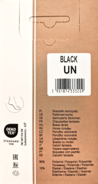 Tył beżowego opakowania skarpetek wzorzystych z białą etykietą BLACK UN, składem i logo OEKO-TEX.