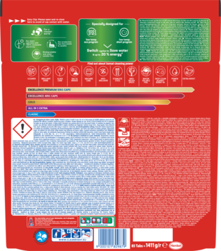 Czerwony tył opakowania tabletek Somat All in 1 Extra Lemon & Lime. Widoczne szczegółowe instrukcje i piktogramy.
