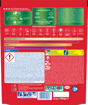Tył czerwonego opakowania Somat Excellence 4w1, kapsułki do zmywarki, z ikonami oszczędności wody i energii, tekst PL.