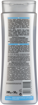 Tył srebrnej butelki odżywki Joanna Ultra Color do blond, rozjaśnianych włosów, z tekstem i składnikami.