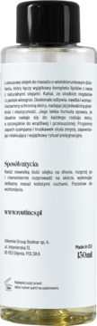Tył przezroczystej butelki olejku do masażu Routines by Alkmie 150ml, czarna nakrętka, polski opis produktu.