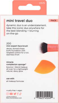 Tył opakowania Real Techniques Mini Travel Duo z pędzlem 200 i gąbką Miracle Complexion Sponge, opis funkcji.