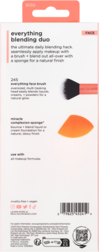 Tył opakowania Real Techniques Everything Blending Duo: pomarańczowy pędzel do twarzy i gąbka Miracle Complexion Sponge.