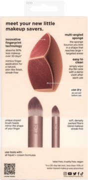 Tył opakowania Real Techniques Makeupsavers: gąbka i dwa pędzle do płynnych formuł dla naturalnego wykończenia.