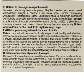 Jasne tło, ciemny tekst: zbliżenie na etykietę balsamu Fluff do demakijażu waniliowego, opis PL, ENG, IT.