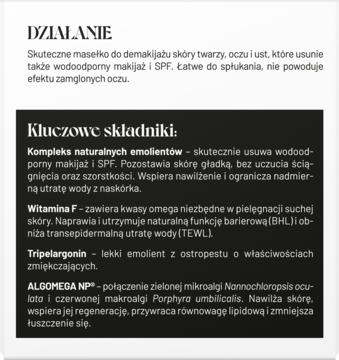 Biała karta produktu z czarnym tekstem opisującym działanie i kluczowe składniki masełka do demakijażu Alkmie, widok z góry.