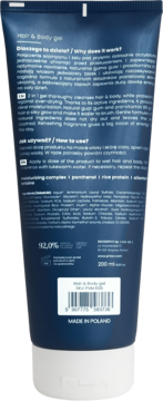 Tył ciemnoniebieskiej tuby żelu Phlov Mencare Hair & Body Gel z białymi napisami i kodem kreskowym.