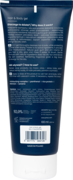 Tył niebieskiej tubki Phlov Mencare Hair & Body Gel 100 ml z białym zamknięciem, opisem i kodem kreskowym.