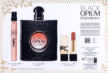 Zestaw YSL Black Opium: brokatowa woda perfumowana 90ml, 10ml spray, pomadka Nu Muse, na białym tle.