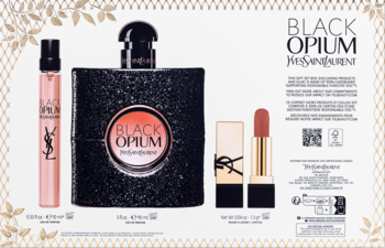 Zestaw YSL Black Opium: czarna, brokatowa woda perfumowana 90ml, 10ml spray i pomadka Nu Muse na tle ze złotym wzorem.