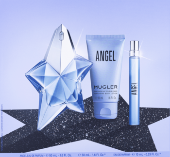 Zestaw Mugler Angel: woda perfumowana w gwiazdkowym flakonie, balsam i spray podróżny na błękitnym tle z brokatową gwiazdą.