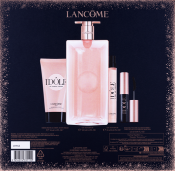 Tył opakowania zestawu Lancôme Idôle z wodą perfumowaną, balsamem i tuszem, na ciemnym, brokatowym tle, widok z góry.