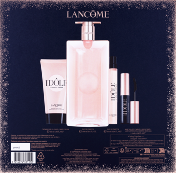 Lancôme Idôle zestaw upominkowy: różowe perfumy 100ml i 10ml, balsam i tusz, na ciemnym tle z brokatem.
