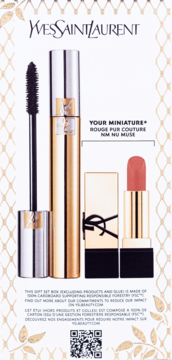 Zestaw Yves Saint Laurent: czarny tusz Volume Effet Faux Cils i otwarta mini szminka Rouge Pur Couture Nu Muse.