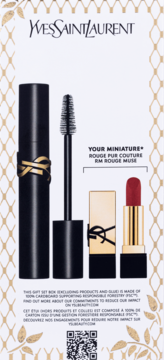 Zestaw YSL: otwarta czarna maskara Lash Clash i miniaturowa czerwona szminka Rouge Pur Couture, widok z przodu.