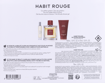 Tył opakowania zestawu Guerlain Habit Rouge dla mężczyzn: woda toaletowa 100ml, 10ml i żel pod prysznic.