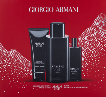 Zestaw Giorgio Armani Code: czarne butelki perfum (125ml, 15ml) i żelu (75ml) na czerwonym tle w białe kropki.