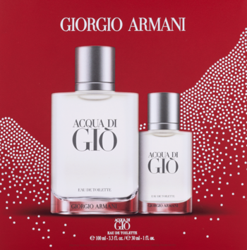 Męski zestaw upominkowy Giorgio Armani Acqua di Gio: dwie białe butelki wody toaletowej (100ml, 30ml) na tle czerwonym.