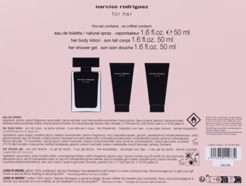 Tył różowego opakowania zestawu Narciso Rodriguez For Her: perfumy, balsam i żel pod prysznic.