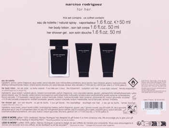 Tył różowego pudełka zestawu Narciso Rodriguez For Her. Widać czarne: butelkę perfum, balsam i żel pod prysznic.