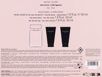 Tył opakowania zestawu Narciso Rodriguez For Her Musc Nude: woda perfumowana, balsam do ciała, żel pod prysznic.