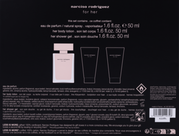 Tył czarnego opakowania zestawu Narciso Rodriguez For Her. Widać opisy perfum, balsamu i żelu pod prysznic oraz ich schematy.