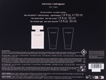 Tył czarnego opakowania zestawu Narciso Rodriguez For Her, z listą produktów: perfumy, balsam, żel.