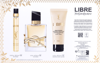 Zestaw Yves Saint Laurent Libre: złote flakony perfum 50ml i 10ml, biała tubka balsamu, na ozdobnym tle.