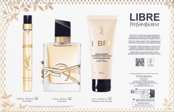 Zestaw YSL Libre: perfumy 50ml, podróżny spray 10ml, balsam 50ml. Kwiatowo-lawendowy zapach na jasnym tle.