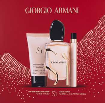 Zestaw prezentowy Giorgio Armani Si: woda perfumowana (duża butelka, roll-on) i balsam na czerwonym tle z drobinkami.