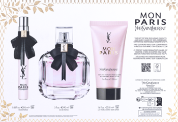 Yves Saint Laurent Mon Paris zestaw: EDP 90 ml i 10 ml, balsam do ciała. Różowe butelki z kokardami na białym tle.