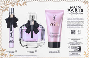 Zestaw YSL Mon Paris: szklana woda perfumowana 90ml, spray 10ml i różowy balsam do ciała. Produkty z czarnymi kokardkami na ozdobnym tle.