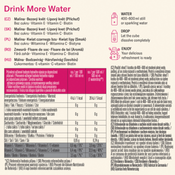 Różowo-biała etykieta Waterdrop z instrukcjami i tabelą wartości kostek malina & bez, witaminy E, C, biotyna.