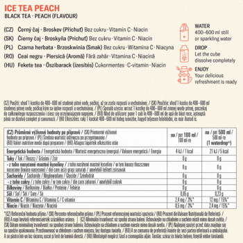 Waterdrop Ice Tea Peach: etykieta z tabelą wartości odżywczych i instrukcjami, smak brzoskwiniowej herbaty, bez cukru.