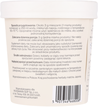 Tył białego pojemnika Amo'ya Fokus i koncentracja matcha. Polskie instrukcje i kod kreskowy.